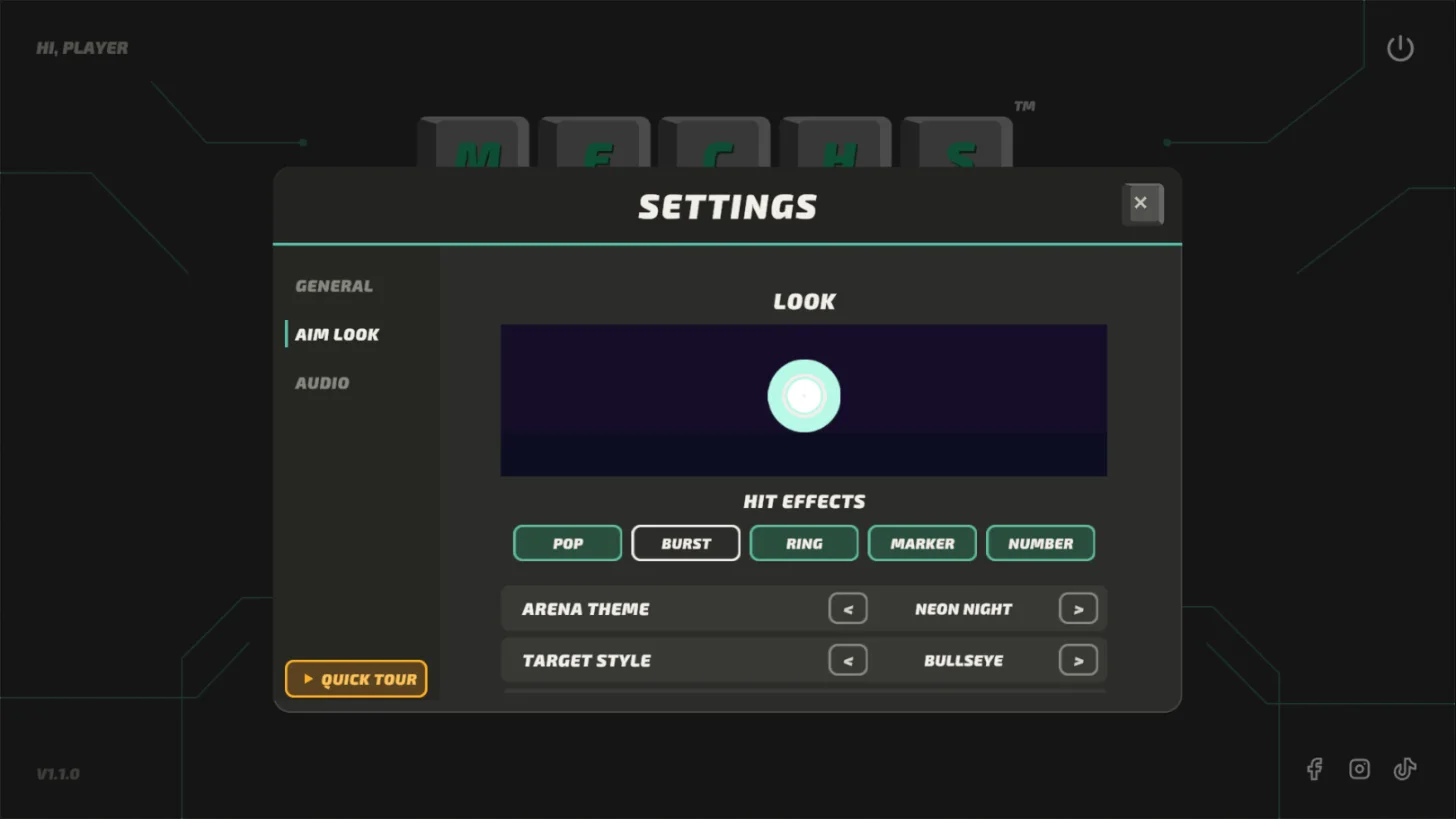 Aim Look settings: target preview, hit effects, arena theme Neon Night, target style Bullseye
