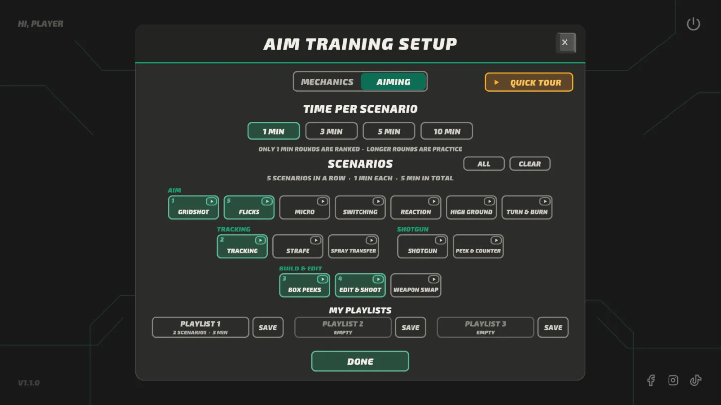Aim Training Setup screen with 15 scenarios in Aim, Tracking, Shotgun and Build and Edit groups