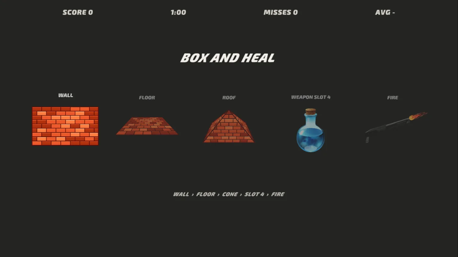 Build Combos drill Box and Heal: wall, floor, cone, slot 4, fire