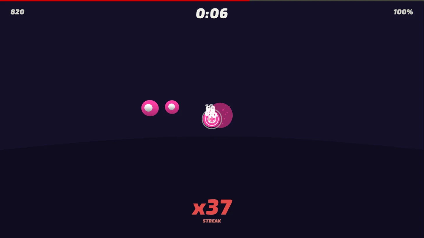 Flicks scenario: pink targets in a dark arena with a 37 hit streak