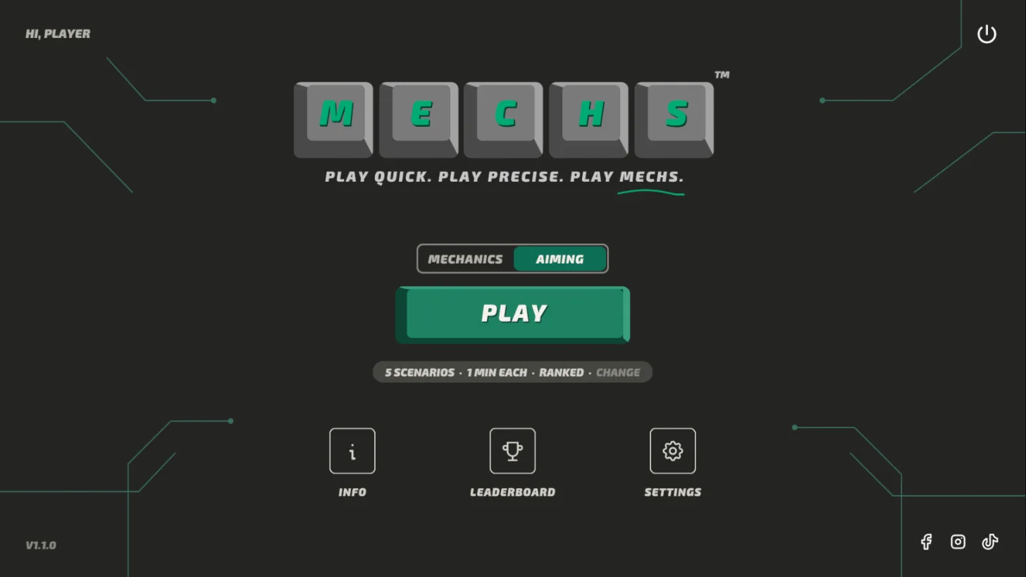 MECHS home screen with the Aiming side selected: 5 scenarios, 1 min each, ranked