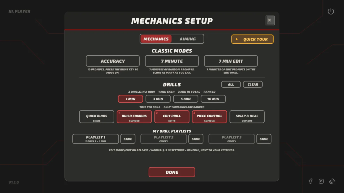 Mechanics Setup screen with classic modes, five drills and drill playlists